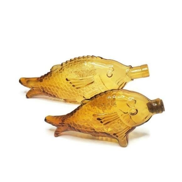 Amber Glass vintage Fish-Shaped Bottles Set Of 2 Decorative Vintage Collectibles - Picture 1 of 5